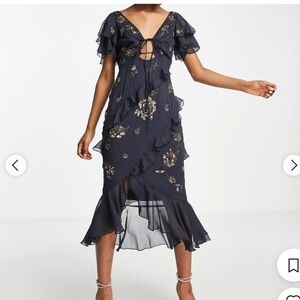 ASOS Navy Dress with Gold Floral Embroidery